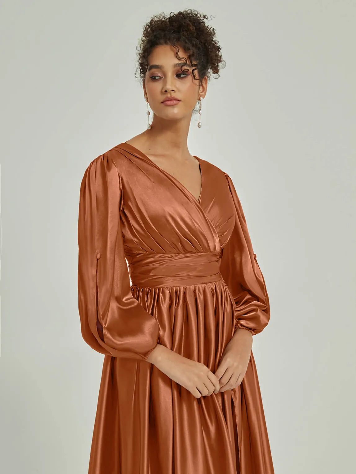 Cooper Satin 3/4 Long Slit Sleeve V-Neck Slit Pleated Bridesmaid Dress