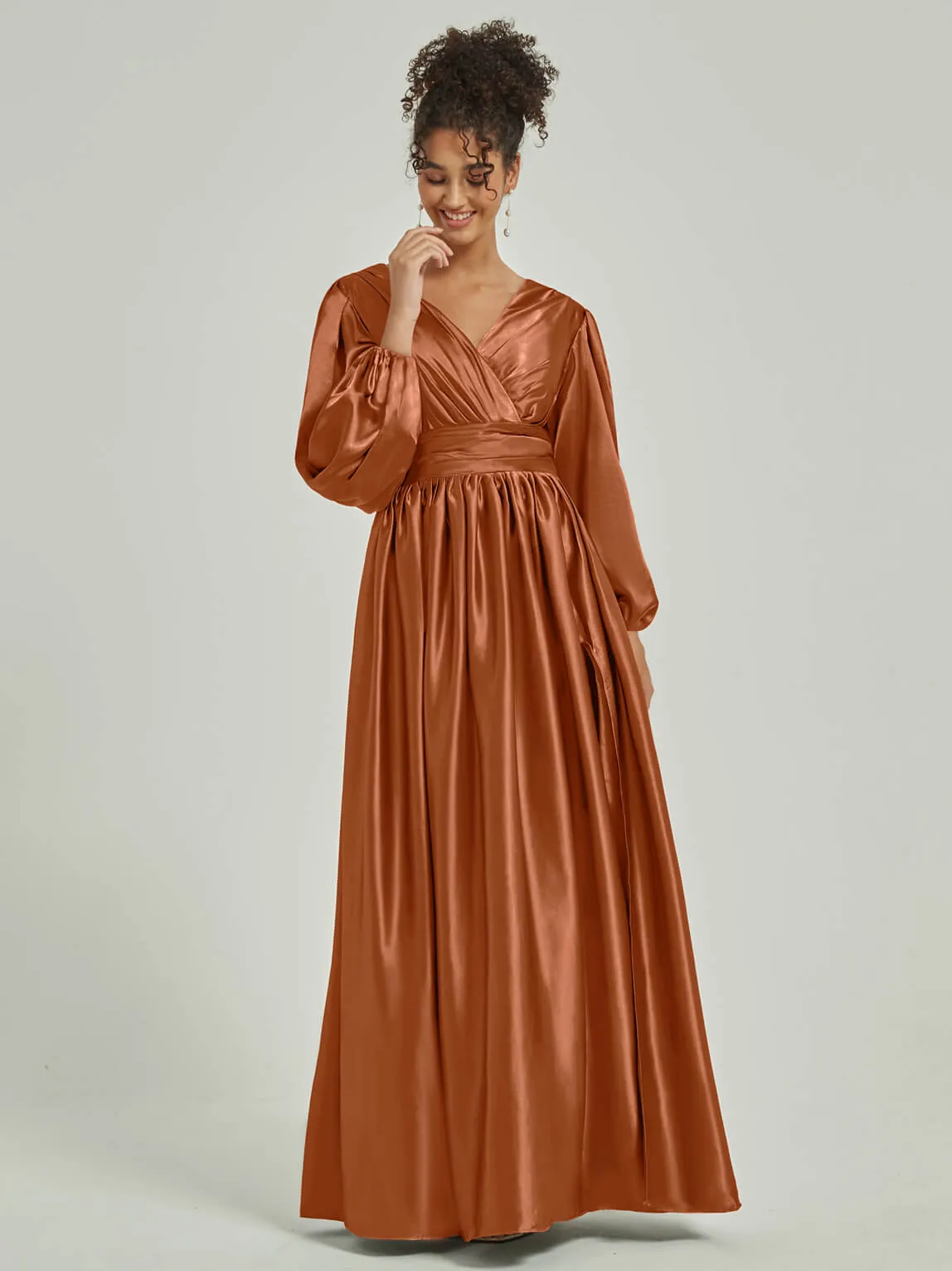 Cooper Satin 3/4 Long Slit Sleeve V-Neck Slit Pleated Bridesmaid Dress