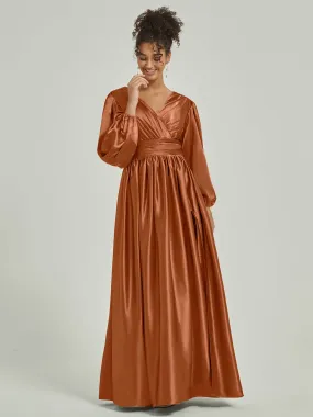 Cooper Satin 3/4 Long Slit Sleeve V-Neck Slit Pleated Bridesmaid Dress