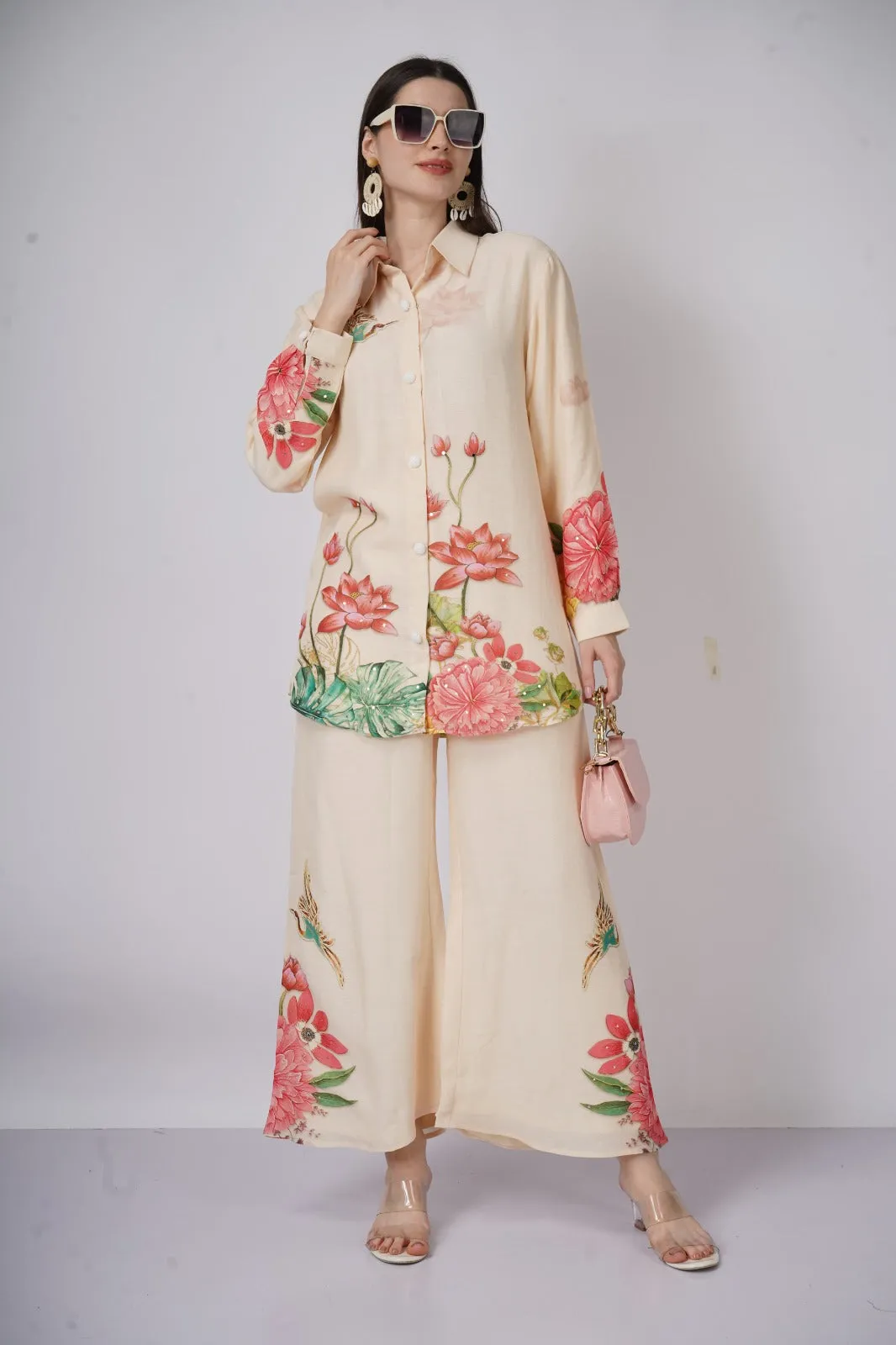 Cream Linen Floral Co ord Set