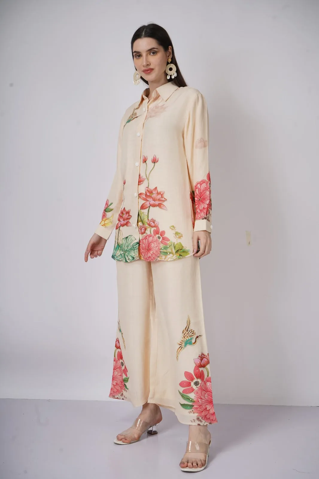 Cream Linen Floral Co ord Set