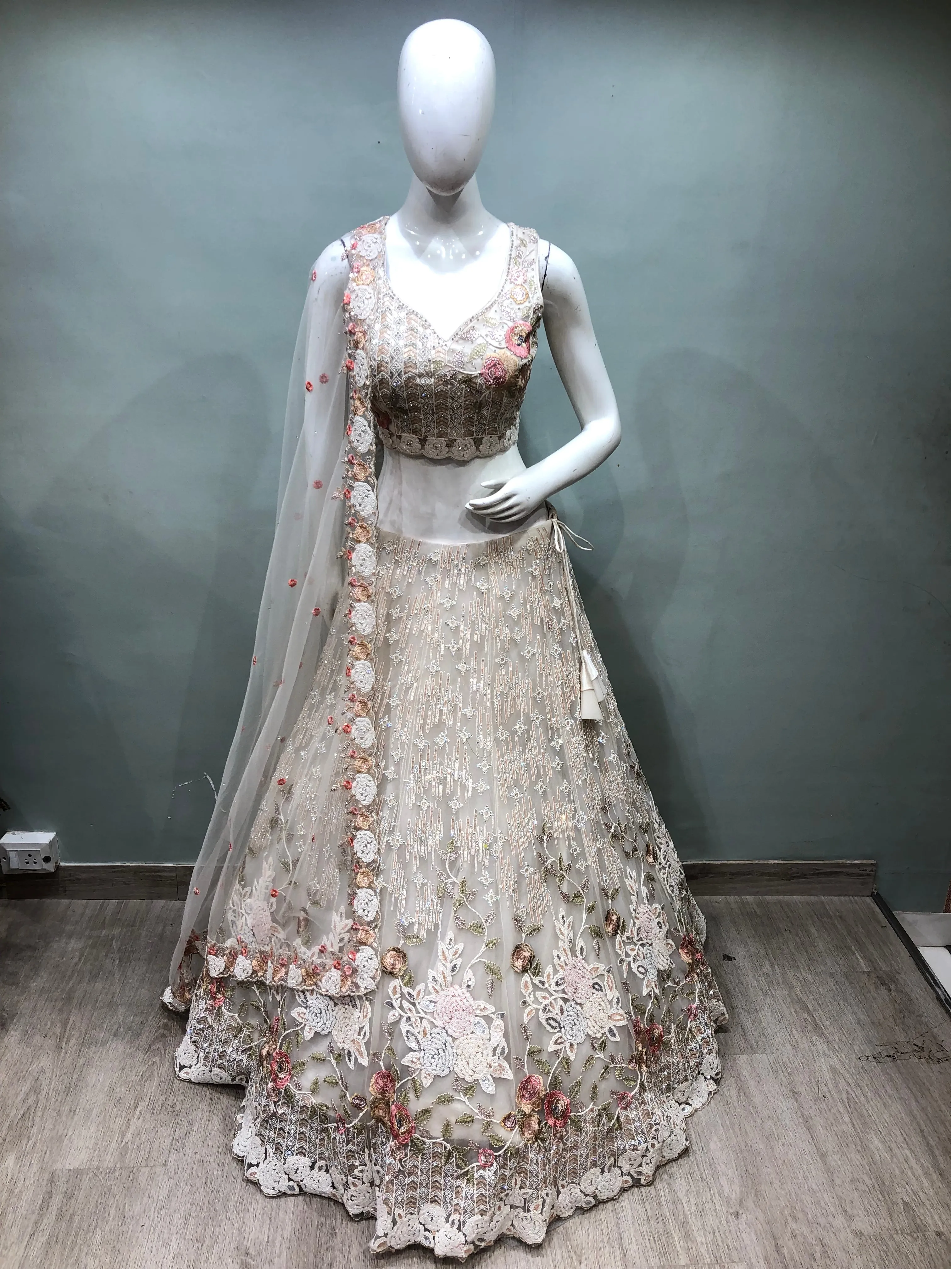 Cream Net Lehenga With Dori And Sequence