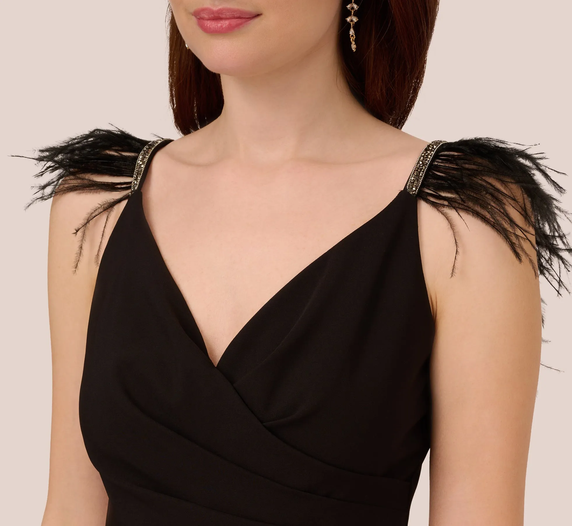 Crepe Wide Leg Jumpsuit With Bead And Feather Accents In Black