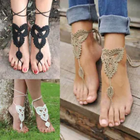 Crochet Barefoot Sandals Tan Black Or White Beach Shoes Foot Jewelry Lace Up Leg Wear Them At The Pool With Flip Flops Or Out With High Heels