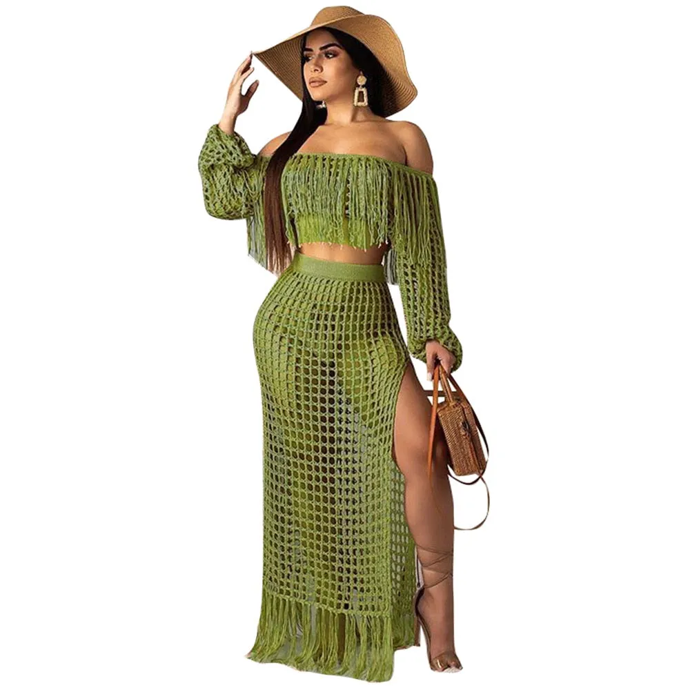 Crochet Fishnet Maxi Skirt Set 6 Different Colors You Choose Off The Shoulder Fringe Top Long Crocheted Skirt With Fringed Hem Available In Small Medium Large XL And Plus Sizes XXL 2X And XXXL 3X