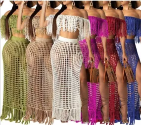 Crochet Fishnet Maxi Skirt Set 6 Different Colors You Choose Off The Shoulder Fringe Top Long Crocheted Skirt With Fringed Hem Available In Small Medium Large XL And Plus Sizes XXL 2X And XXXL 3X