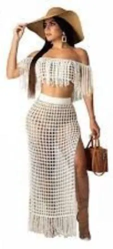 Crochet Fishnet Maxi Skirt Set 6 Different Colors You Choose Off The Shoulder Fringe Top Long Crocheted Skirt With Fringed Hem Available In Small Medium Large XL And Plus Sizes XXL 2X And XXXL 3X