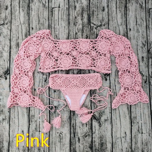 Crochet Lotus Bell Sleeve Crop Top   Brazilian Tie Side Bottoms Hand Crocheted Bikini Set Boho Festival Or Beach Pink Beige Or White In Small Medium Or Large