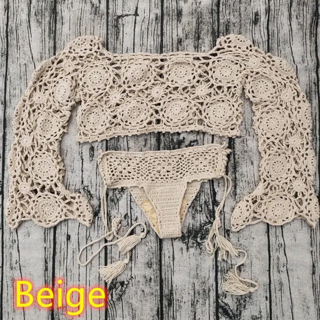 Crochet Lotus Bell Sleeve Crop Top   Brazilian Tie Side Bottoms Hand Crocheted Bikini Set Boho Festival Or Beach Pink Beige Or White In Small Medium Or Large