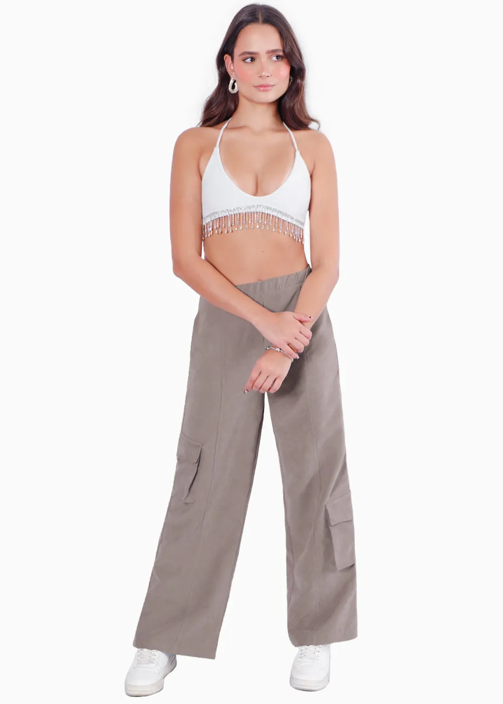 Crop top con escote de triángulo y apliques de piedras brillantes - TABATHA