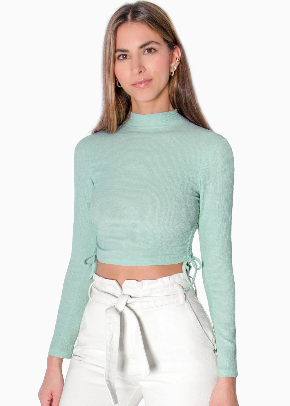 Crop top manga larga cuello alto con anudados en costados - MATEA