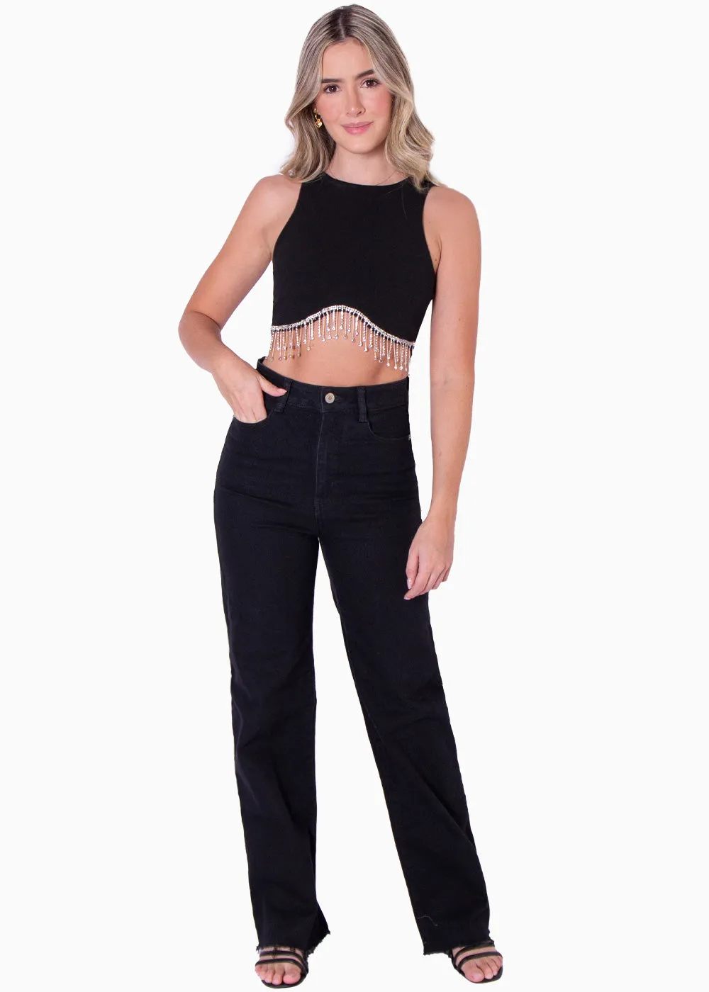 Crop top sin mangas con apliques de piedras brillantes - NERISSA