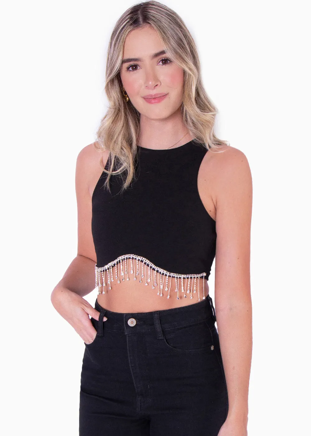 Crop top sin mangas con apliques de piedras brillantes - NERISSA