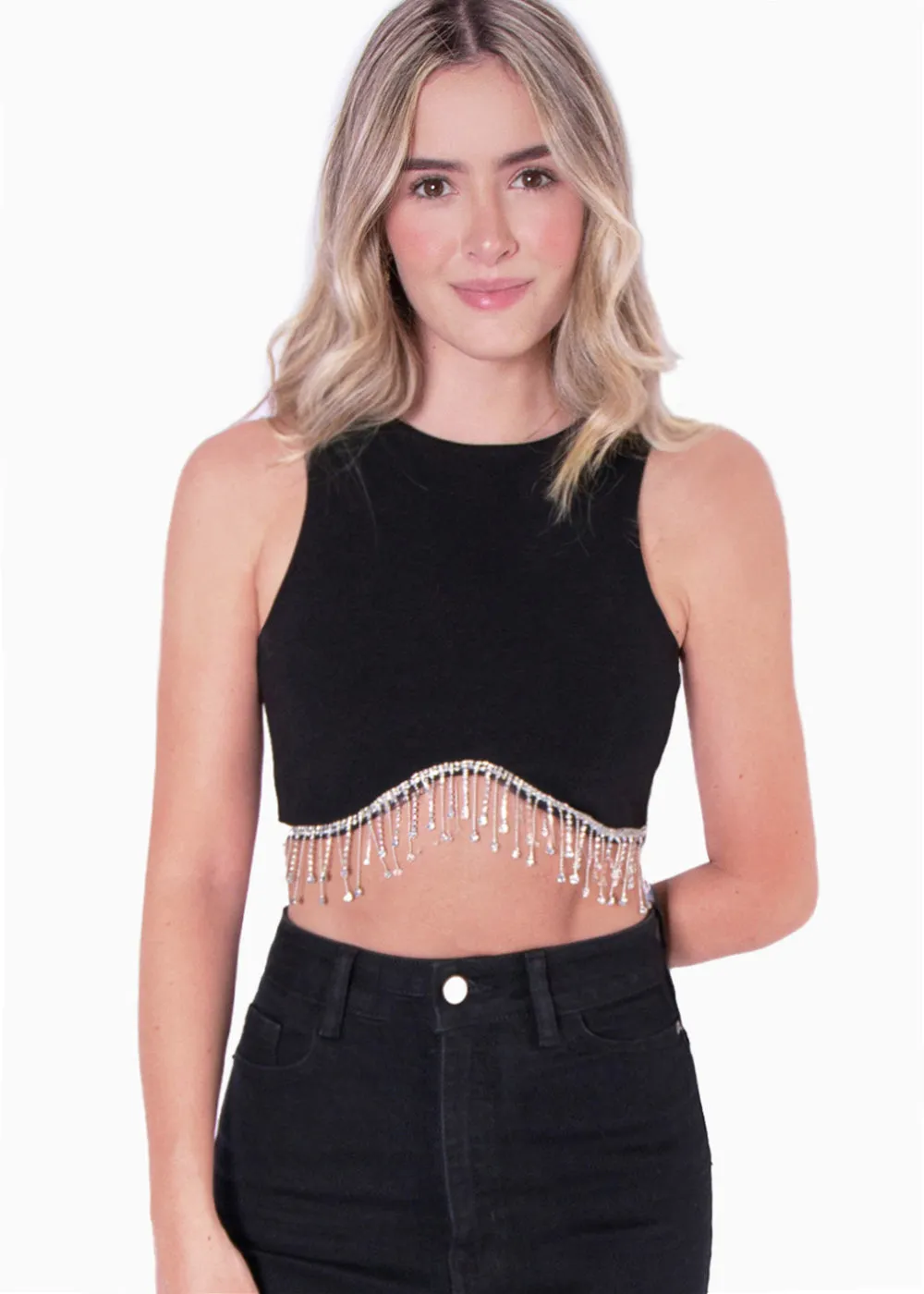 Crop top sin mangas con apliques de piedras brillantes - NERISSA