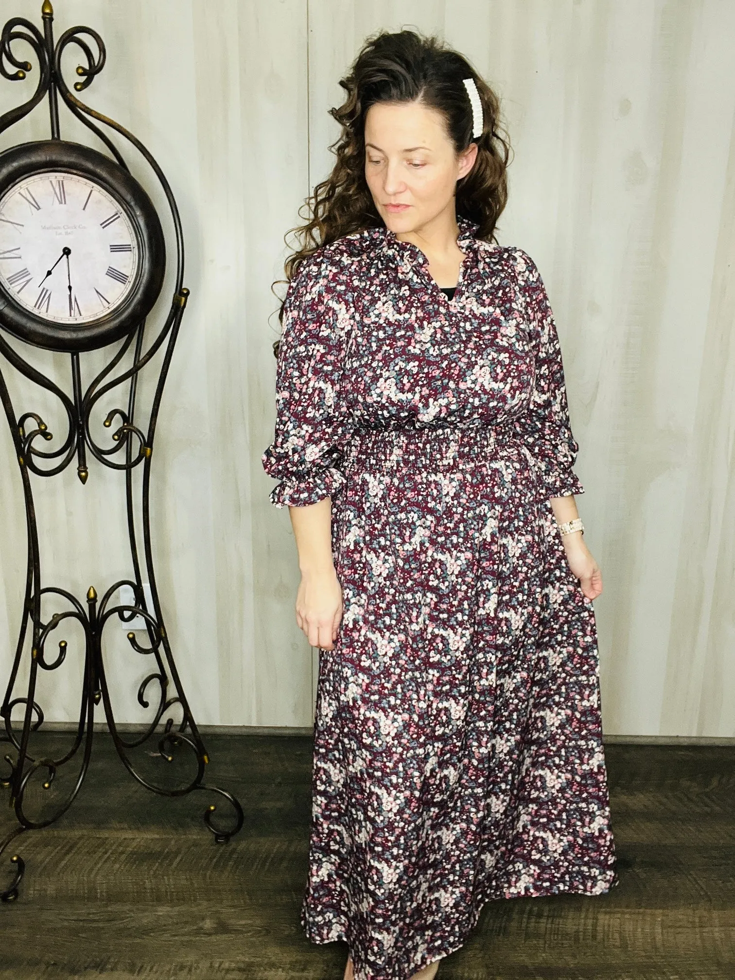 Danielle Floral Midi Dress-Wine