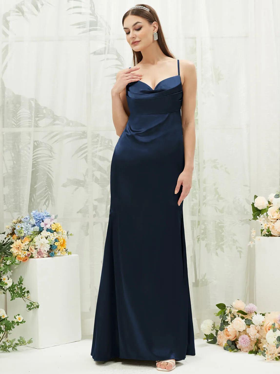 Dark Navy Satin Cowl Neck Adjustable Straps Backless Long Bridesmaid Dress