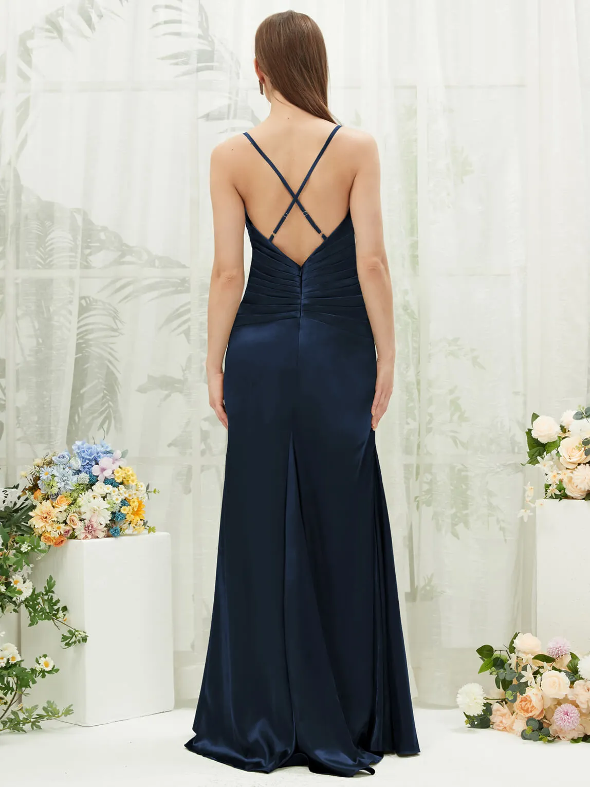 Dark Navy Satin Cowl Neck Adjustable Straps Backless Long Bridesmaid Dress