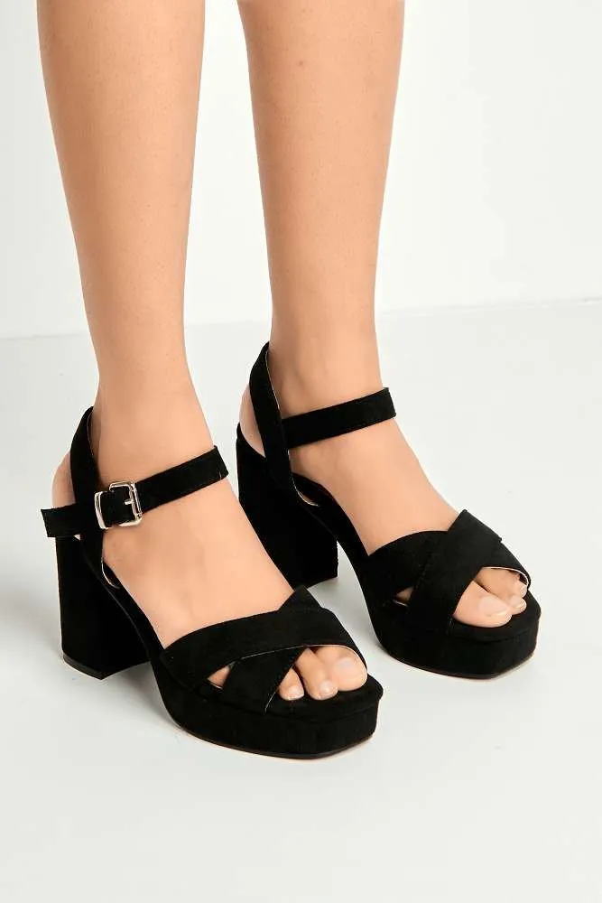 Dove Criss Cross Block Heel Ankle Strap Sandals in Black