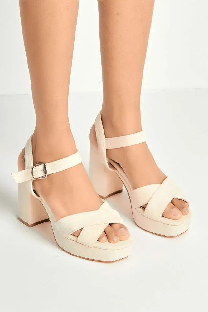 Dove Criss Cross Block Heel Ankle Strap Sandals in Cream