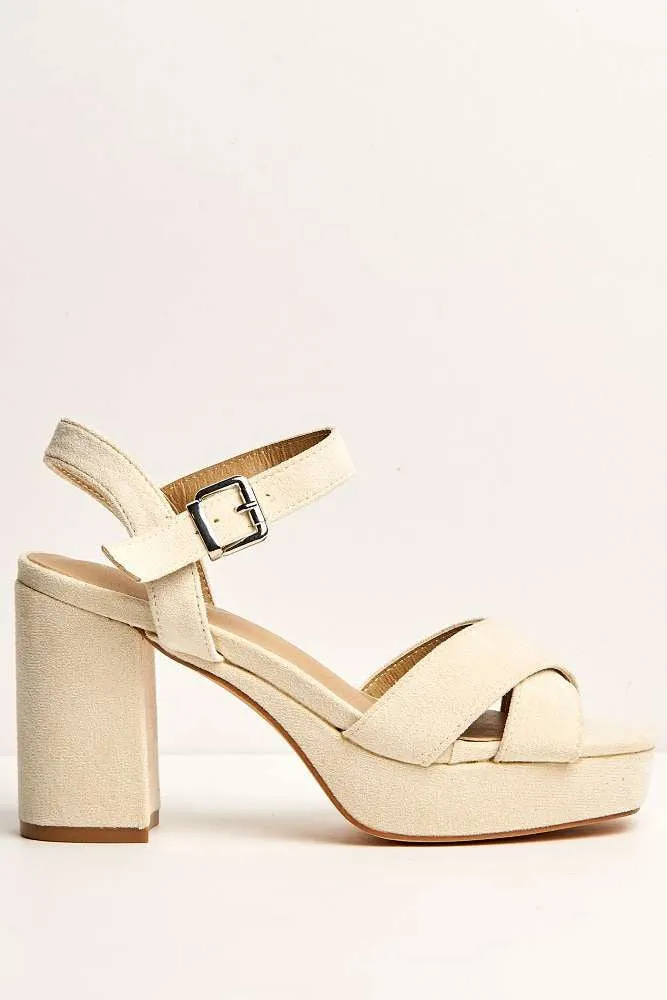 Dove Criss Cross Block Heel Ankle Strap Sandals in Cream