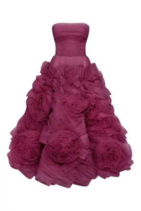 Dramatically flowered tulle dress in wine color