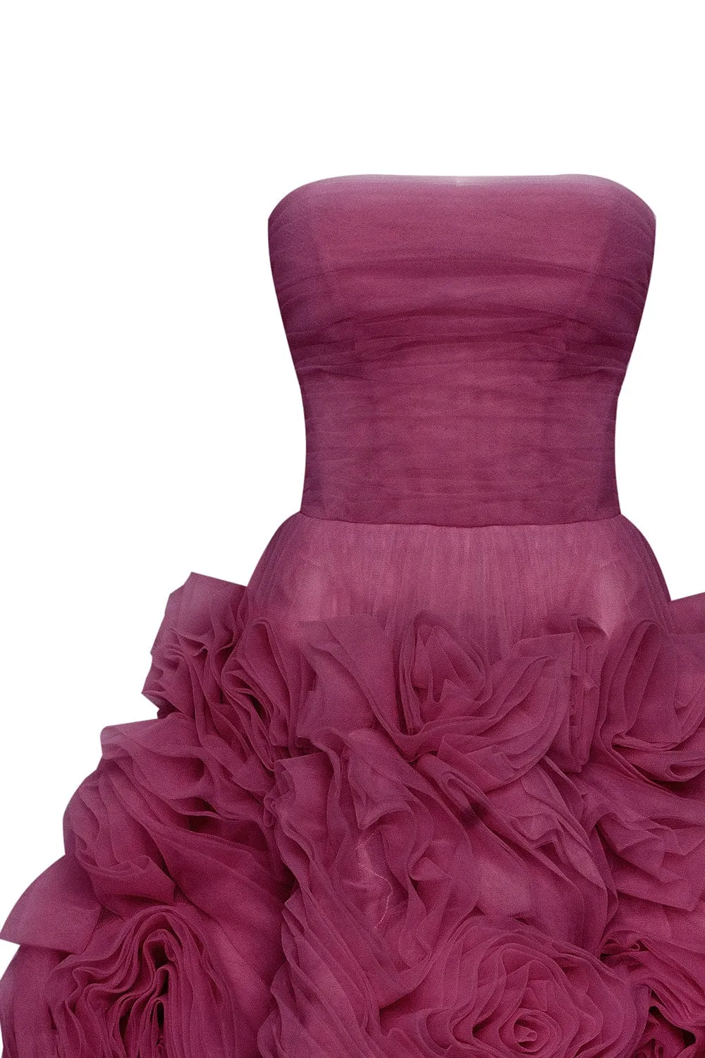 Dramatically flowered tulle dress in wine color