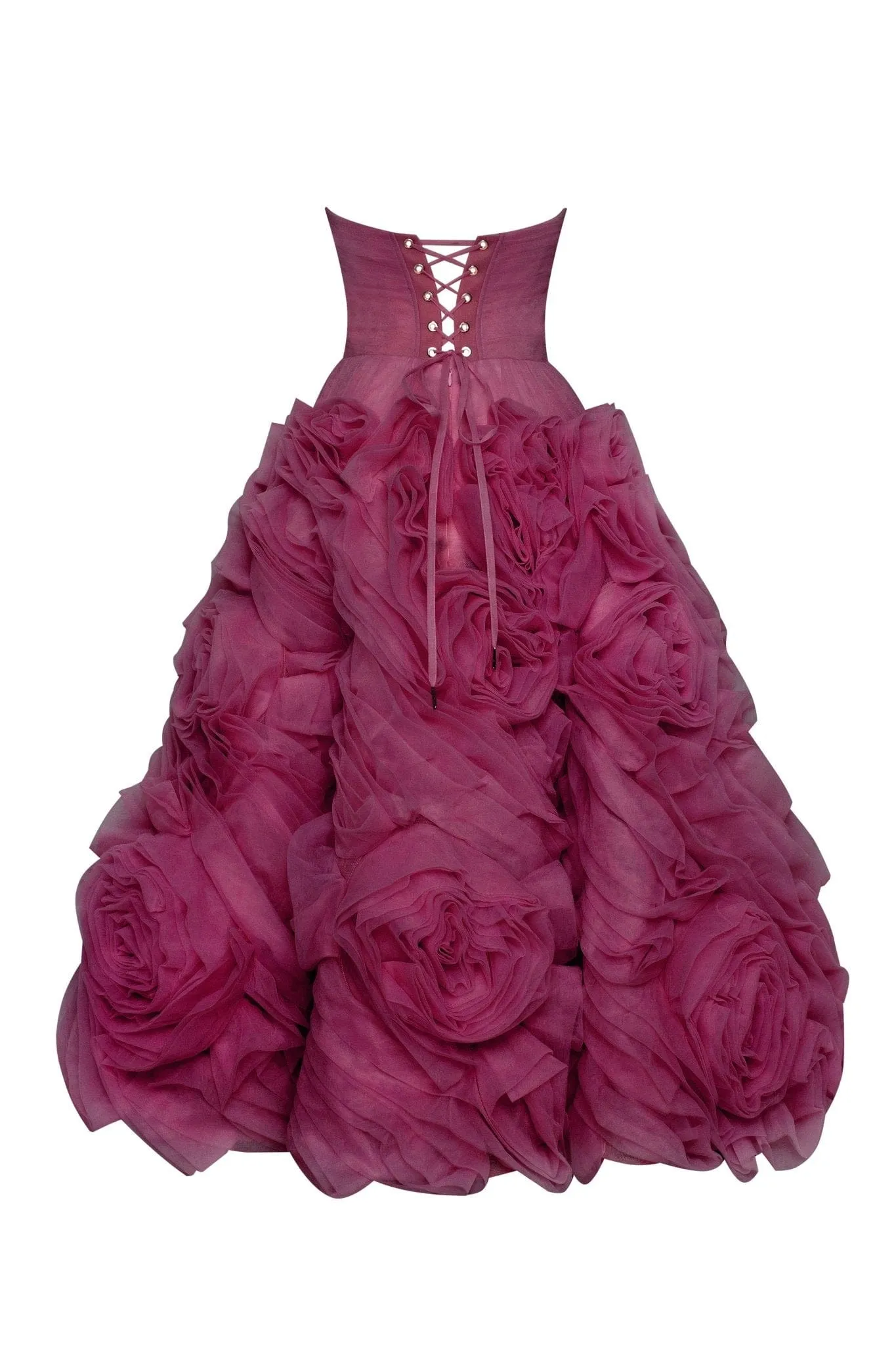 Dramatically flowered tulle dress in wine color