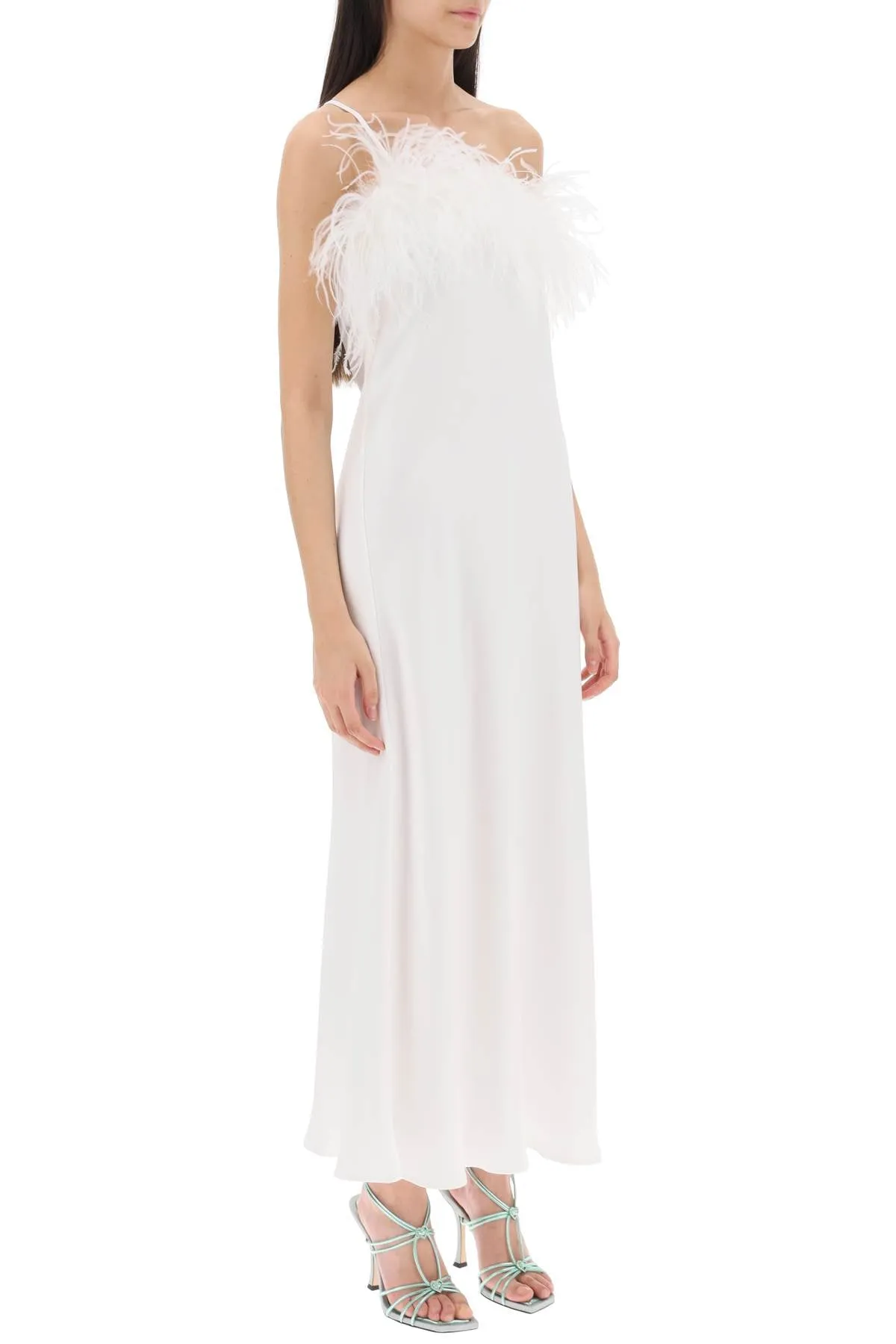 'ember' maxi dress in satin with feathers