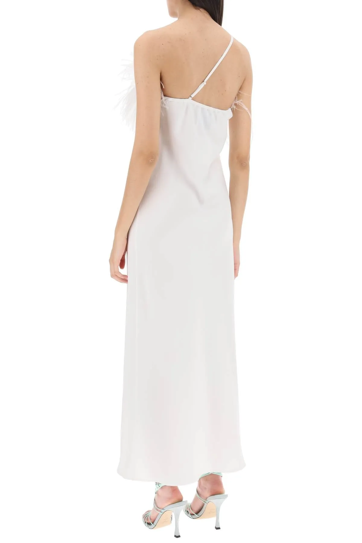 'ember' maxi dress in satin with feathers