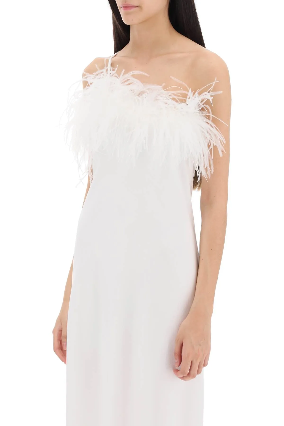 'ember' maxi dress in satin with feathers