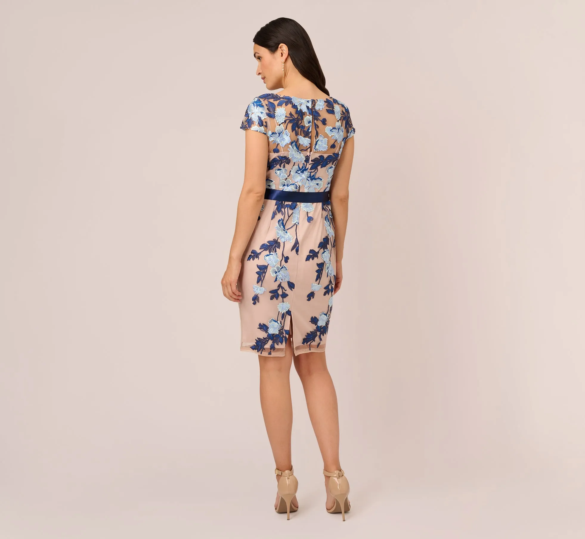 Embroidered Sheath Dress In Midnight Multi Nude