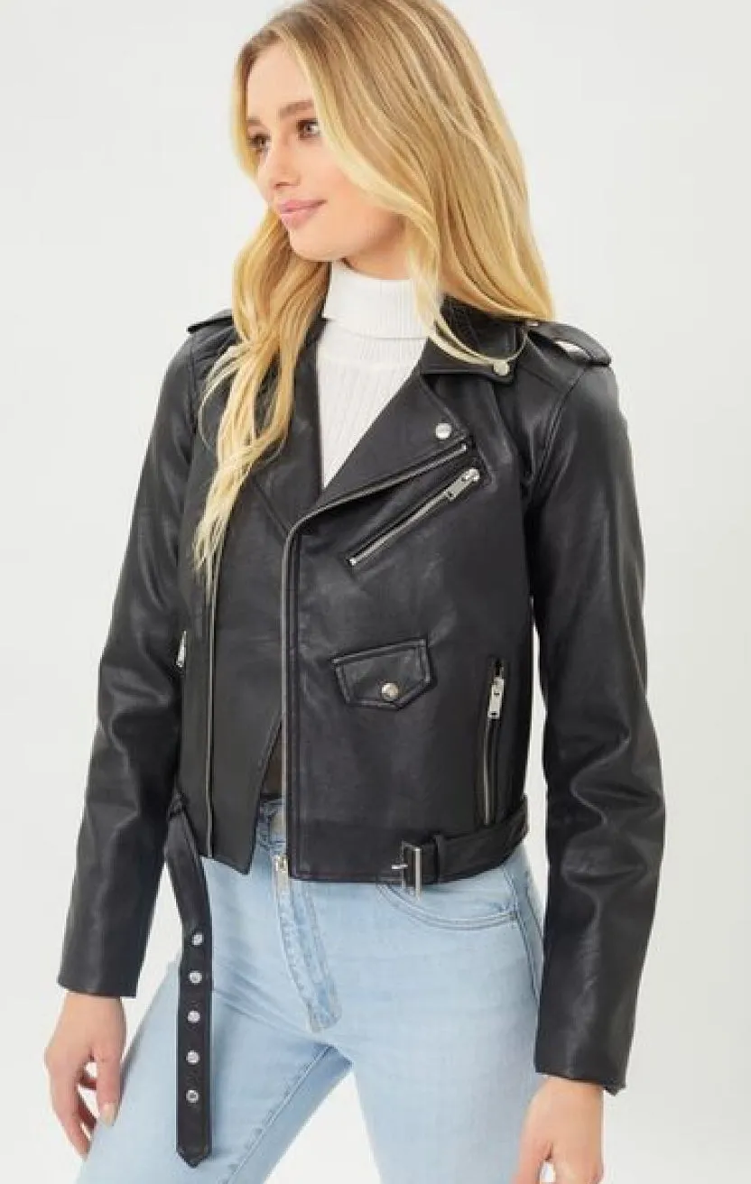 Faith Apparel Faux Leather Zip Up Biker Jacket