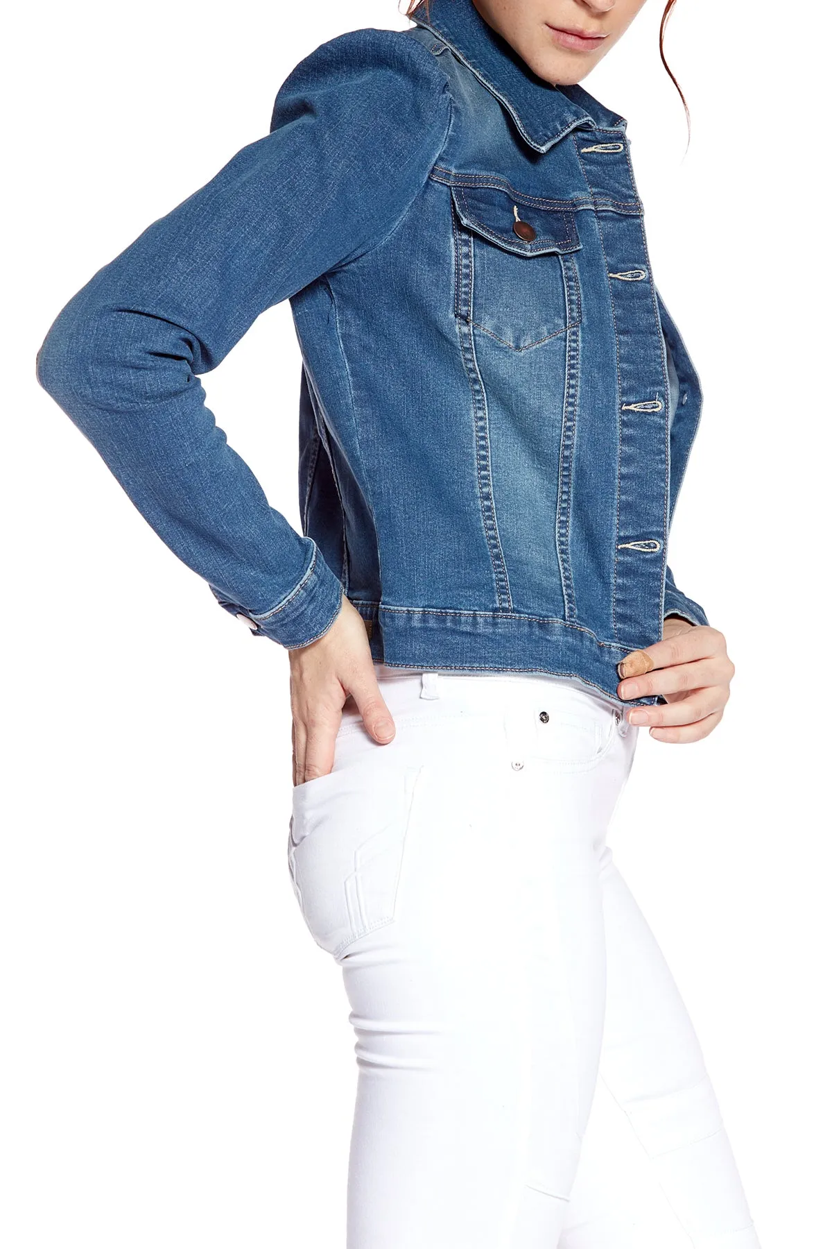 FARRAH -  Ladies Denim Trucker Jacket - Medium Blue Wash