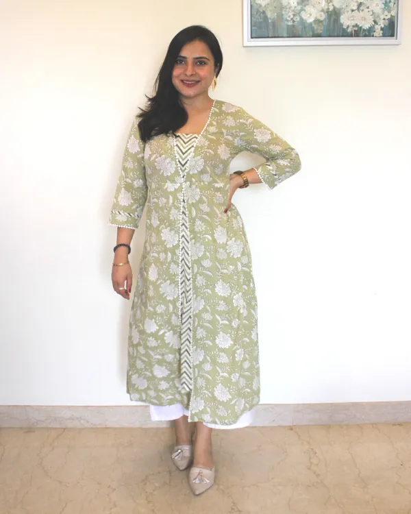 Floral Printed Aline Kurta In Olive For Women