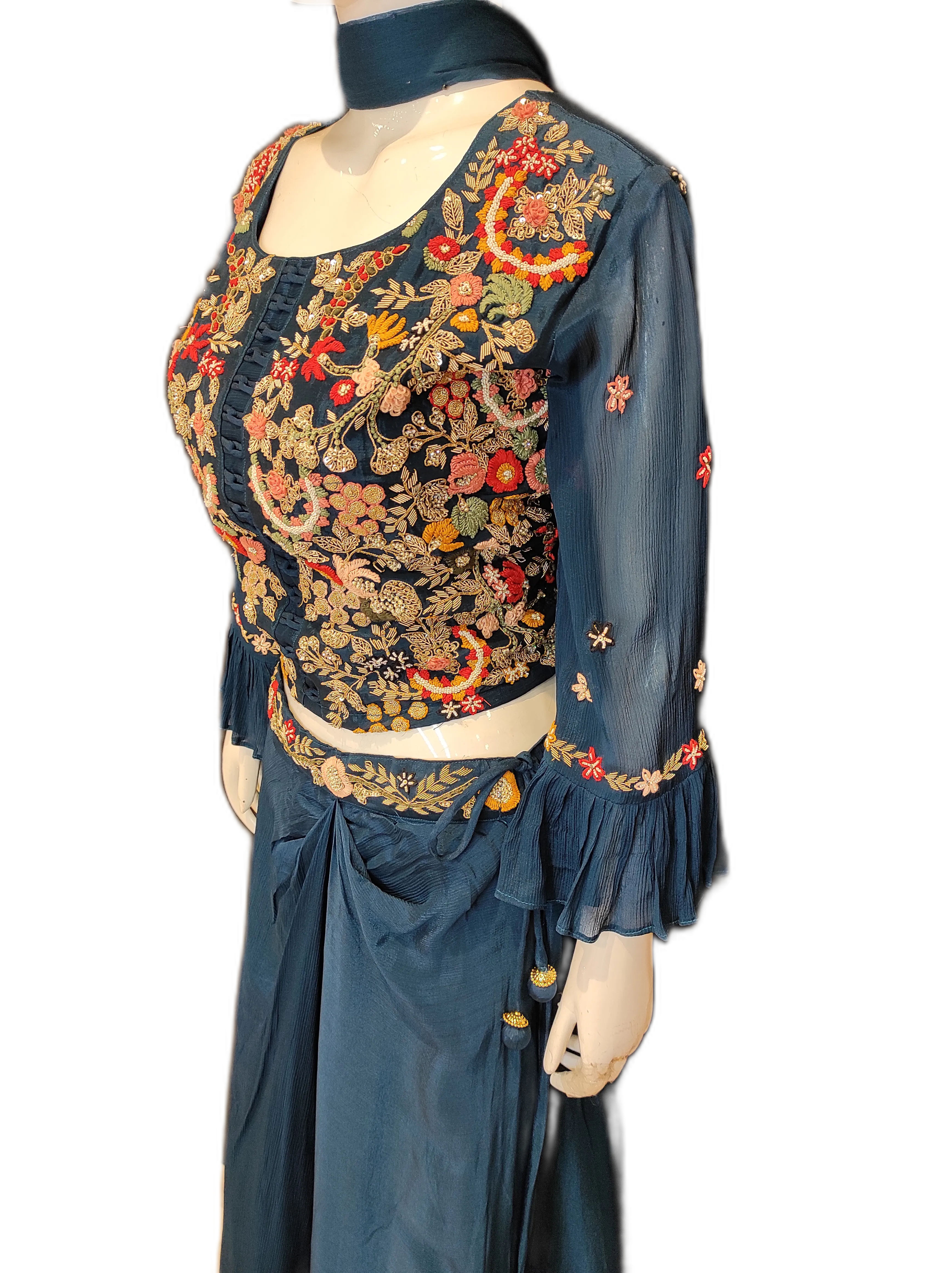 Georgette Crop Top with Drape Skirt and Dupatta