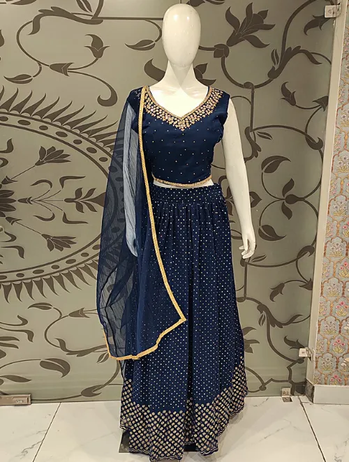 Georgette Ink Blue Crop Top with Stone and Dabka Work