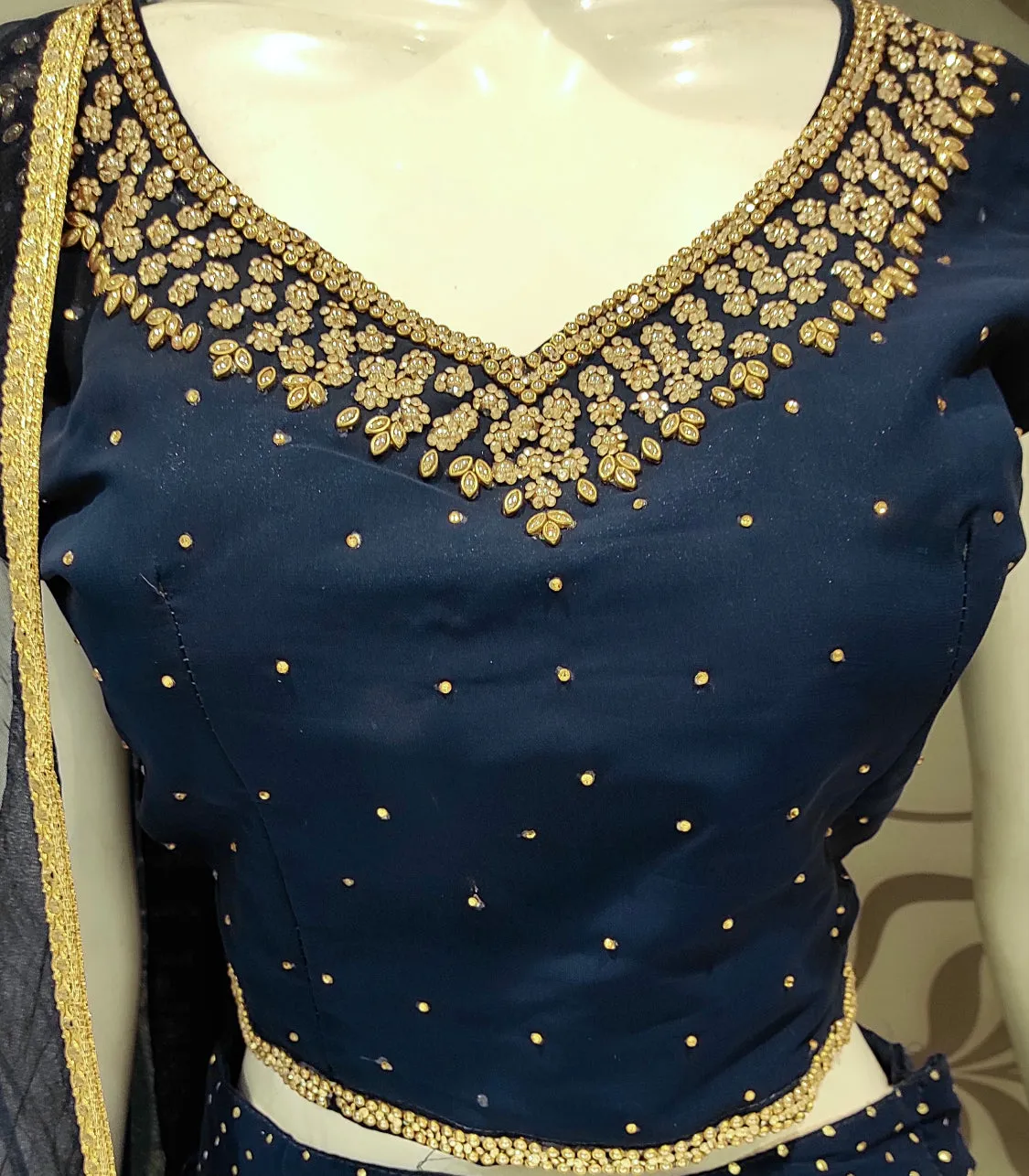 Georgette Ink Blue Crop Top with Stone and Dabka Work