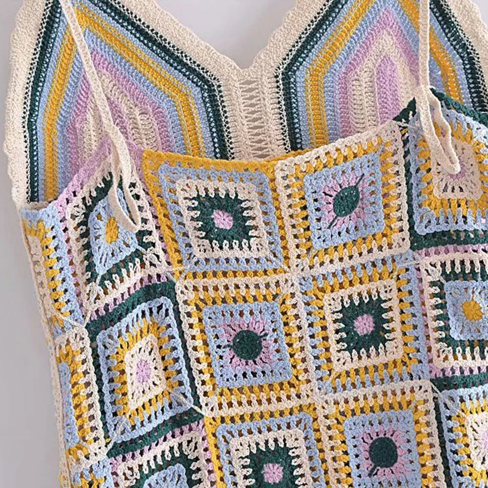 Granny Square Mini Dress Cami Straps Handmade Crochet Pastel Colors White Lavender Baby Blue Forest Green And Golden One Size