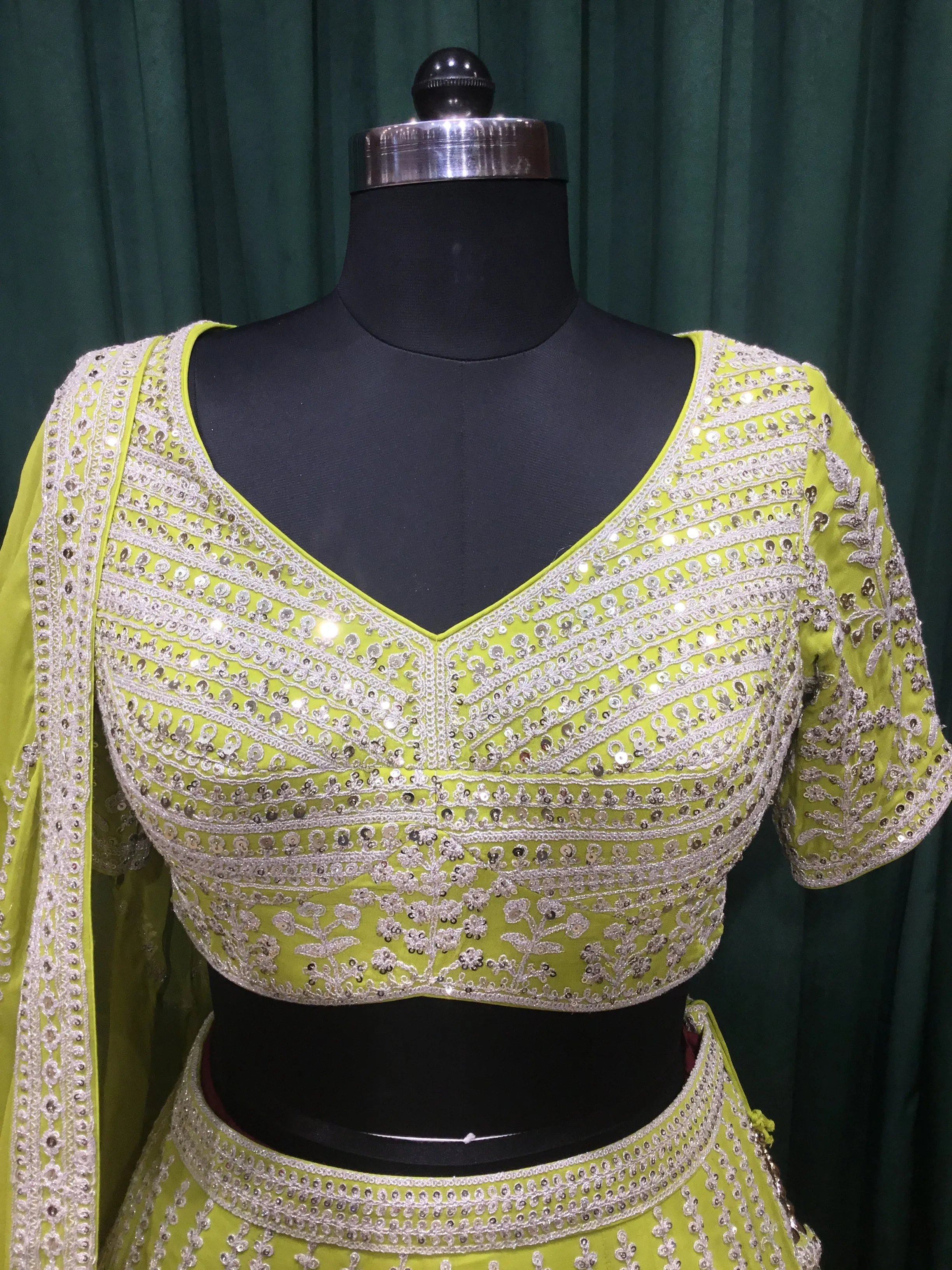 Green Georgette Lehenga With Sequins and Japanese Cut Dana