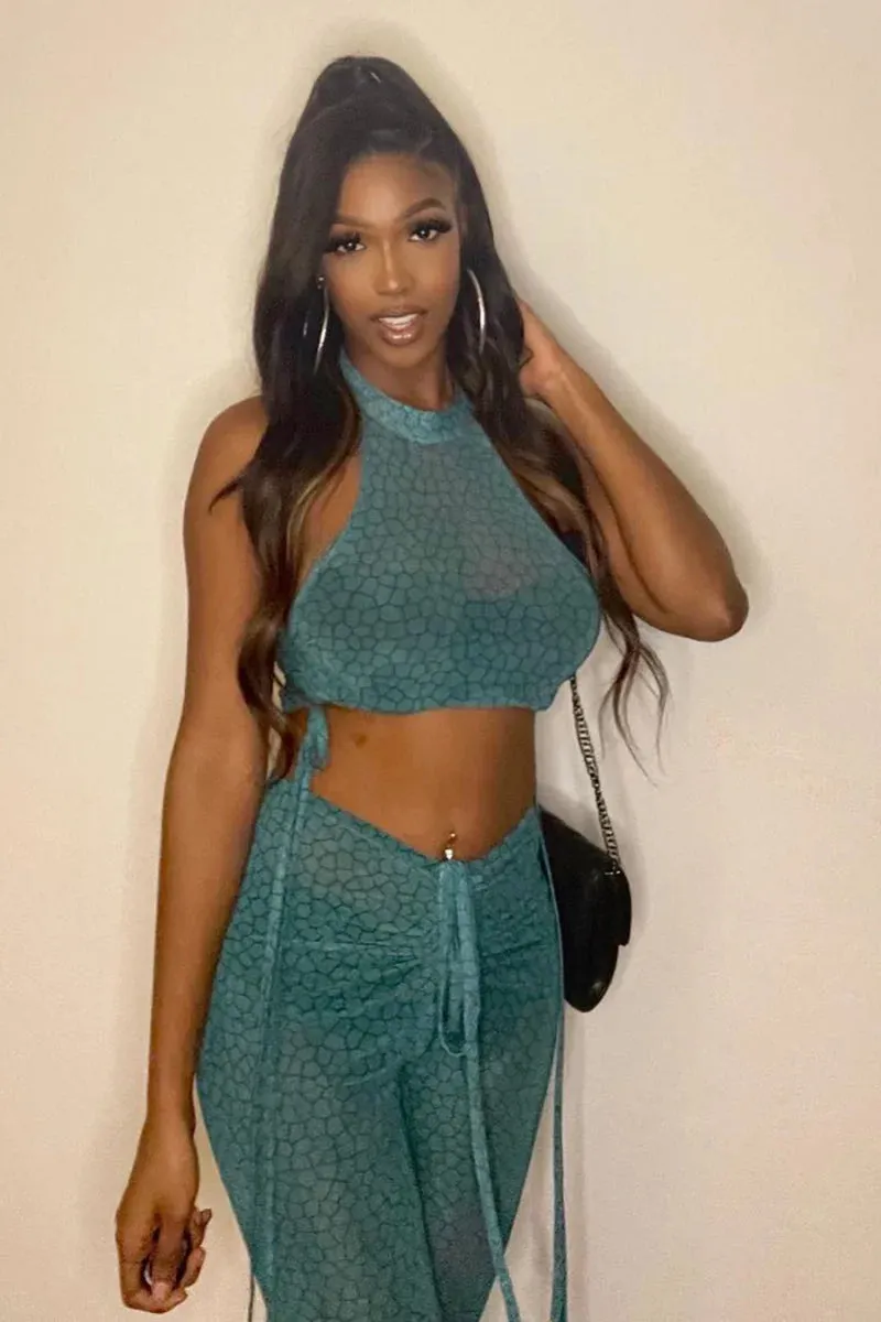 Green Halter Crop Top And Ruched Pants Matching Set