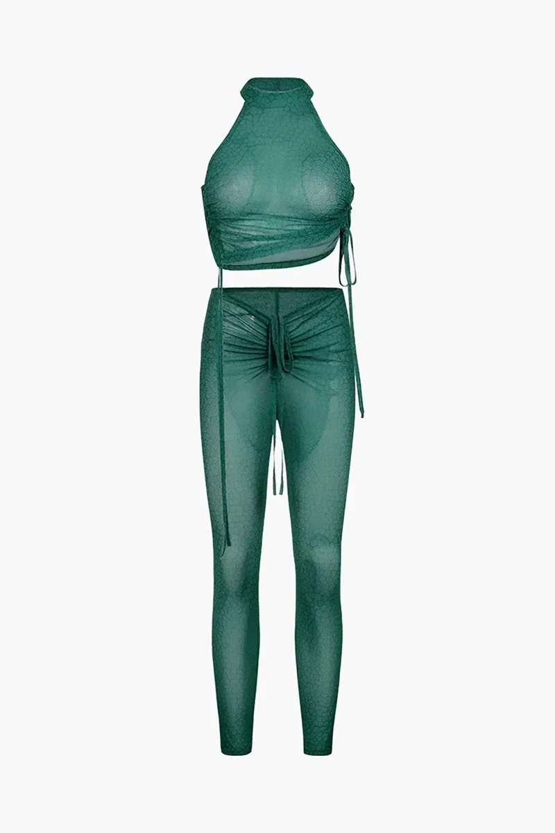 Green Halter Crop Top And Ruched Pants Matching Set