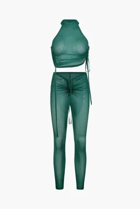 Green Halter Crop Top And Ruched Pants Matching Set