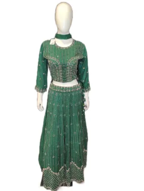 Green Raw Silk Crop Top With Skirt And Dupatta