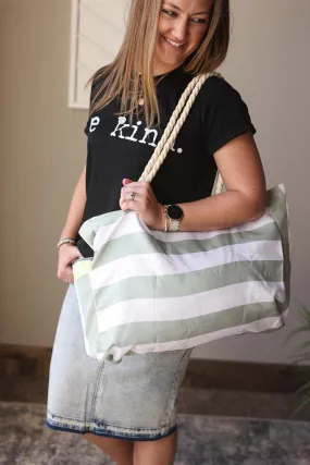 Green Striped Rope Handle Tote Bag