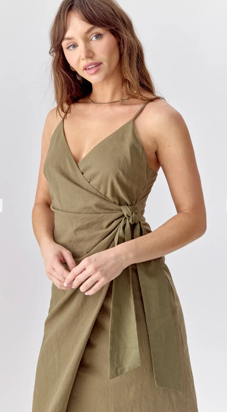 Greylin Aniston Linen Wrap Side Tie Slip Dress