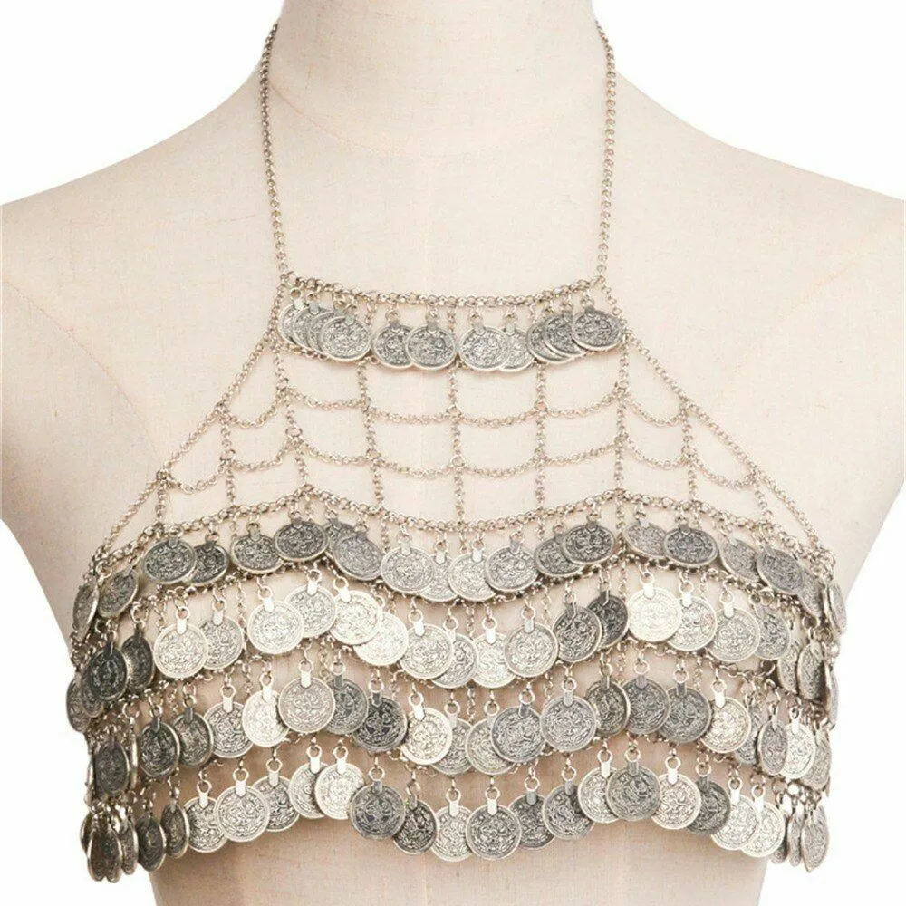 Gypsy Coin Bra Chain Mail Metal Halter Top Gipsy Festival Bralette Vintage Silver Tone Or Gold Tone You Choose Festival Favorite