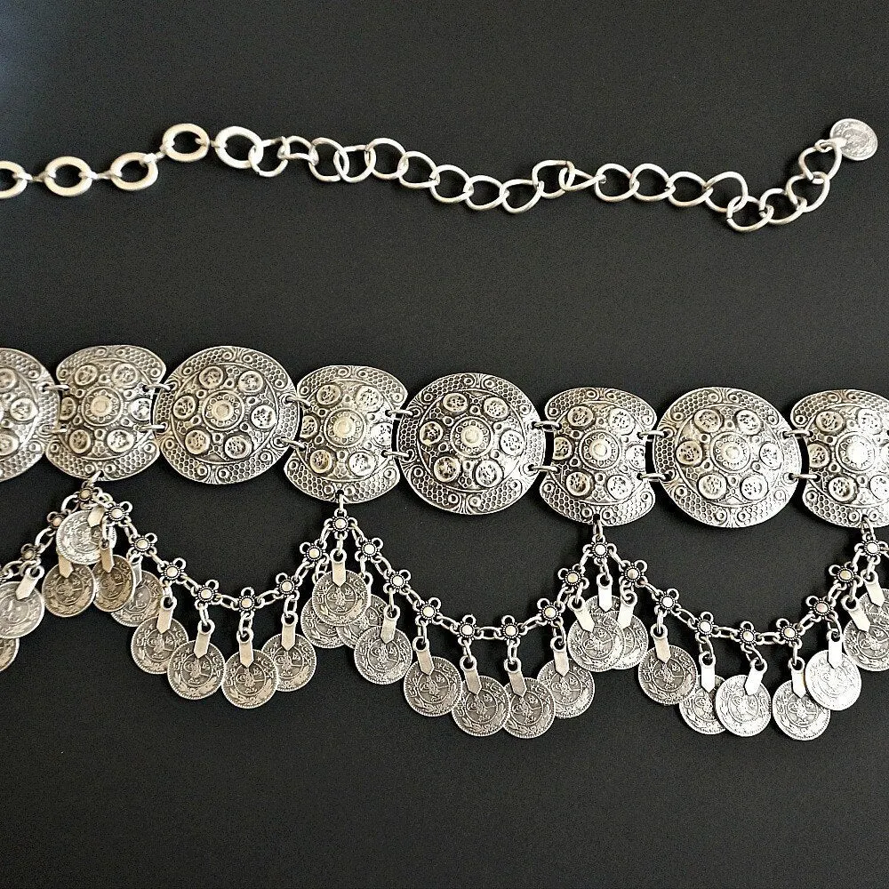 Gypsy Coins Belt Round Silver Circles With Scalloped Chain Dangles Belly Dancer Statement Piece Belly Chain Gipsy Body Jewelry Wear One With A Bikini