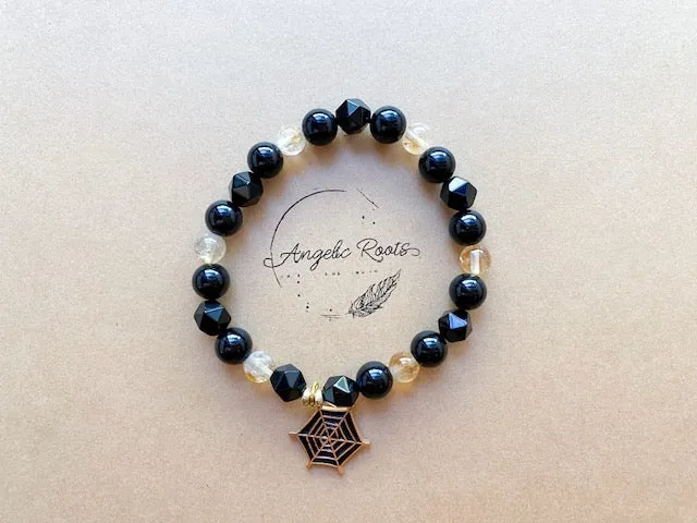 Halloween Collection || Citrine, Onyx  & Spider Web Charm Beaded Bracelet || Reiki Infused