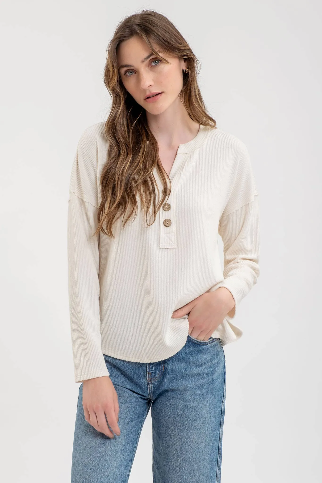 Henley Button Up Top in Cream