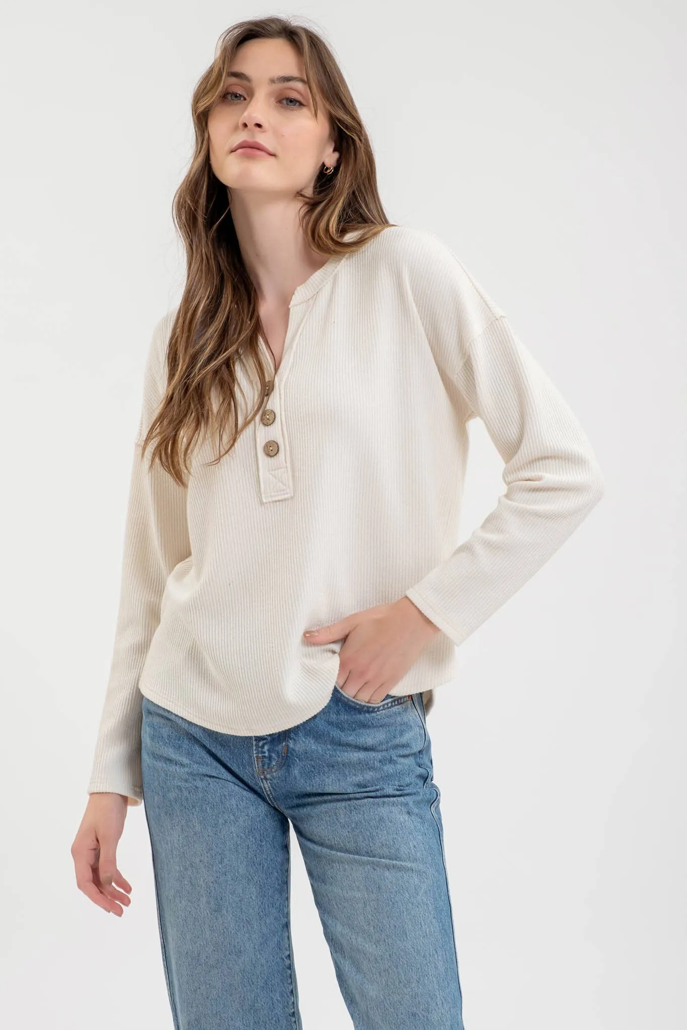 Henley Button Up Top in Cream